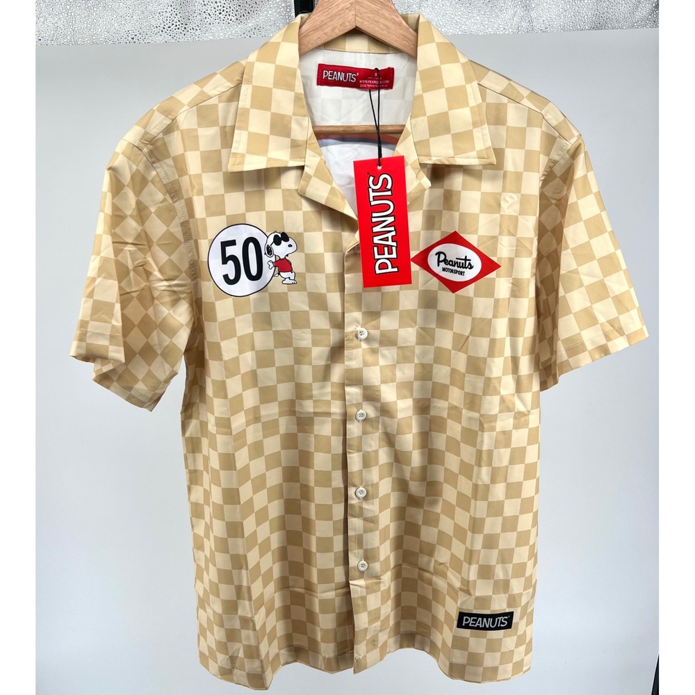 Peanuts Short Sleeve‎ Button Up Shirt Small Checkered Snoopy Motorsport NWT $78